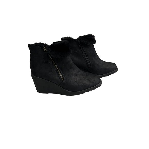 Lane Bryant Wedge Booties Women 9 Black Fur Trim Faux Suede - Picture 1 of 10
